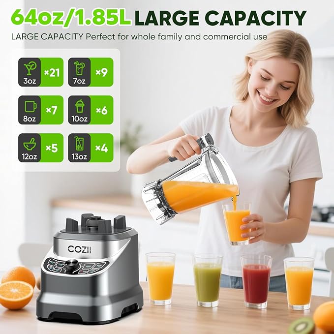 COZII Countertop Blenders for Kitchen, Professional 2000 Peak Watt for Smoothies/Ice Crushing/Frozen Drink/Puree, Smoothie Blender with 64oz Pitcher & 21oz To-go Cup, Dishwasher Safe, Dark Grey