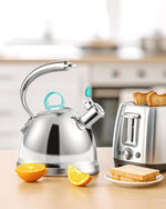 Load image into Gallery viewer, Harriet Tea Kettle Stovetop, 2.5 Quart Whistling Stainless Steel Tea Pot, 3-Layer Base, Unique Ergonomic Handle, Includes Pot Holder &amp; Mat, Electric/Induction/Gas Stovetops Applicable, Mirror Finish