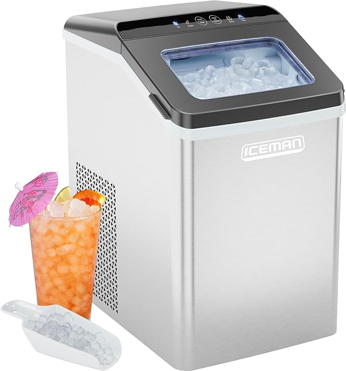 Iceman Pebble Ice Machine, Countertop Nugget Ice Maker Produces Chewable Pellet Ice in 20 Minutes, Makes 33lbs/Day, with One-Touch Cleaning Function and Ice Scoop/Basket Included – Stainless Steel