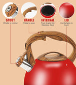 Load image into Gallery viewer, Festive Red Stovetop Whistling Tea Kettle 3.2 Quart - Stainless Steel with Wood Grain Handle, Loud Christmas Whistle for Boiling Water, Holiday Cocoa &amp; Milk, Easy-Pour Spout Classic Design