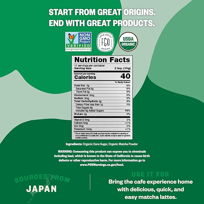 FGO Organic Matcha Latte Powder, 4 Ounce Resealable Bag, Japanese Matcha with Organic Cane Sugar, Lightly Sweetened, Packaging May Vary (Pack of 1)