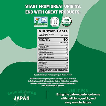 FGO Organic Matcha Latte Powder, 4 Ounce Resealable Bag, Japanese Matcha with Organic Cane Sugar, Lightly Sweetened, Packaging May Vary (Pack of 1)