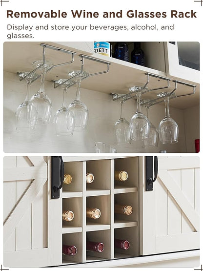 OKD 72" Farmhosue Bar Cabinet with Sliding Barn Door, Large Kitchen Buffet with Hutch w/Wine & Glasses Rack, 3 Drawers, 12 Storage Shelves, Rustic Coffee Bar Sideboard Table, Antique White