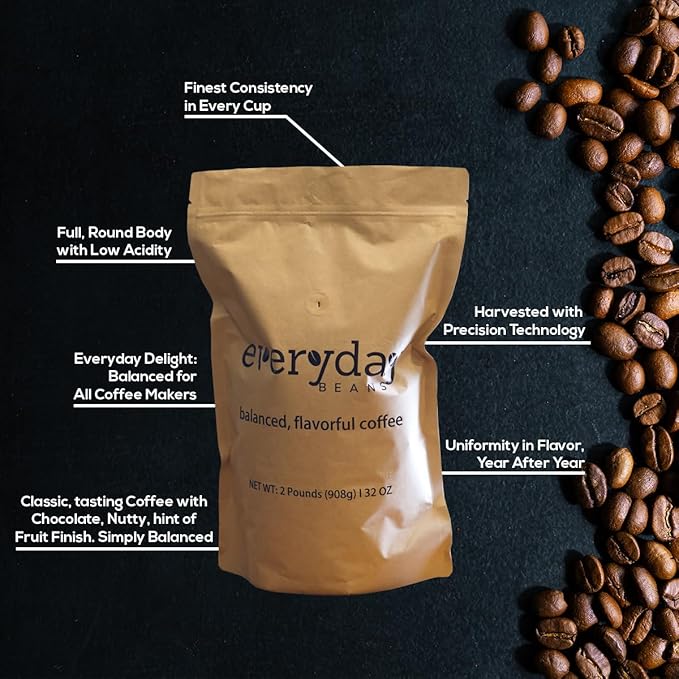 Everyday Beans, 100% Arabica Fresh Ground Coffee, Smooth Rich Flavor, Easy to Drink, Specialty Coffee, 32 Oz Bag, Dark Roast