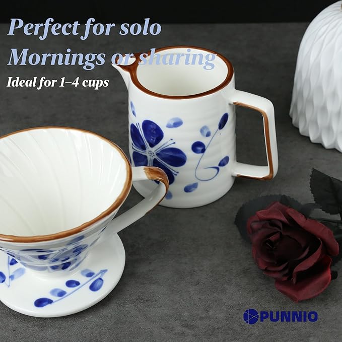 Ceramic Pour Over Coffee Dripper Set, Porcelain Pourover Coffee Dripper for 1–4 Cups, V60 (White & Blue)