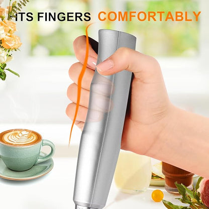 YUSWKO Silver Rechargeable Milk Frother for Coffee with Stand, Handheld Drink Mixer with 3 Heads 3 Speeds Electric Stirrers for Latte, Cappuccino, Hot Chocolate, Egg