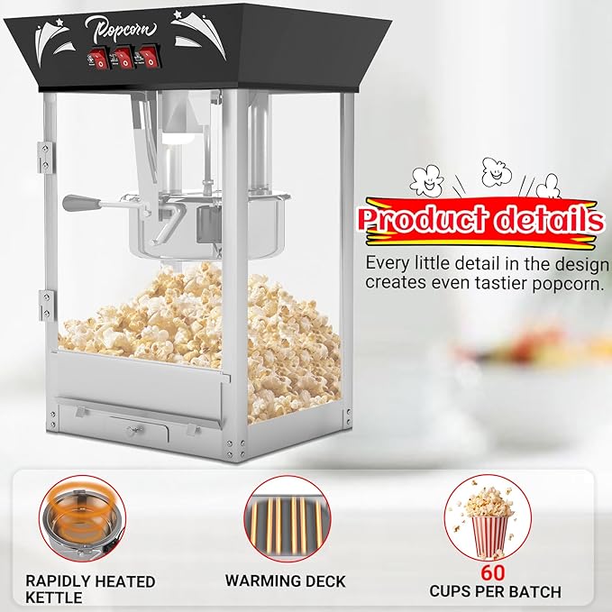 Vintage Popcorn Machine, 12oz Popper Stainless-Steel Kettle & Warming Light, Makes Up to 60 Cups, Ideal for Family Gatherings, Movie Theaters & Amusement Parks, Black