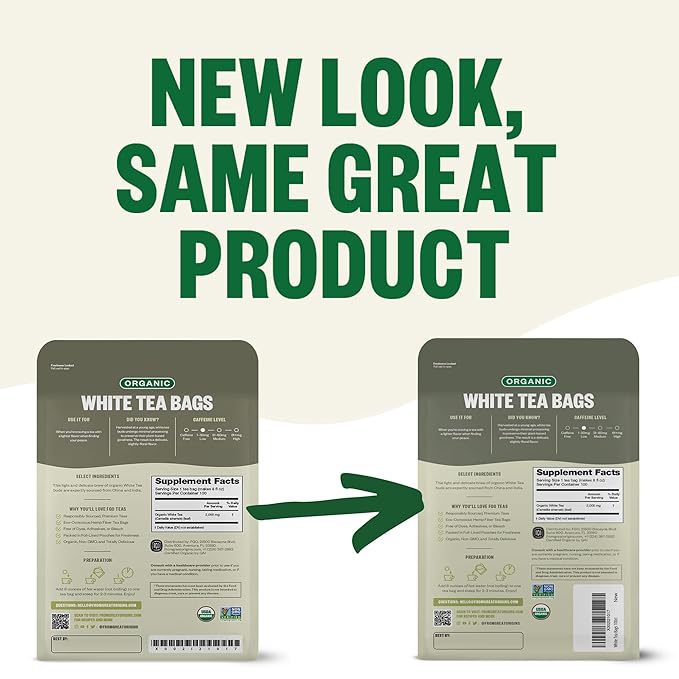 FGO Organic White Tea, 100 Count, Eco-Conscious Tea Bags, Resealable Bag, Packaging May Vary(Pack of 1)