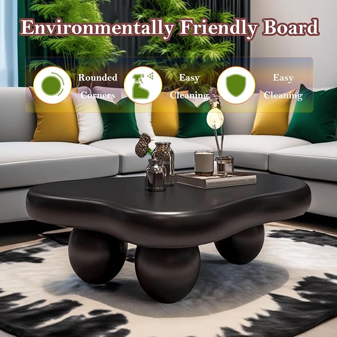 Irregular Cloud Coffee Table with 3 Stable Durable Ball Legs Asymmetrical Chic Low Center Table - Spacious Table for Cups Snacks Fruits Photo (L-39.37in)