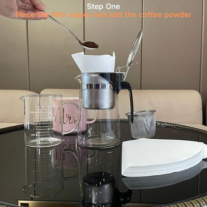 Pour Over Coffee Maker Set, 304 Stainless Steel Coffee Dripper with On/Off Switch, Borosilicate Glass Small Coffee Pot, 50 Filter Papers, Multi-Functional Immersion Drip Cafe Brewer Machine (1, 250ml)