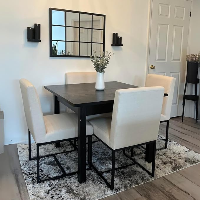 CIMOTA Modern Linen Dining Chair Set of 6, Mid Century Dining Room Chairs Fabric Upholstered Armless Side Chair with Black Sled Base for Dining Room, White Cream 6PCS