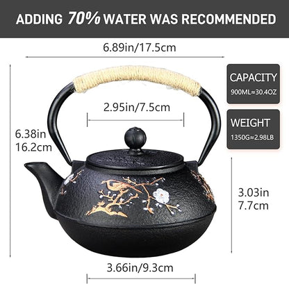 Cast Iron Teapot SECHUDO Teapot for Stovetop Safe Coated with Enameled Interior,Japanese Beautiful Tea Kettle with Stainless Steel Infuser for Loose Tea (30.4oz Plum Blossoms and Bird Pattern)