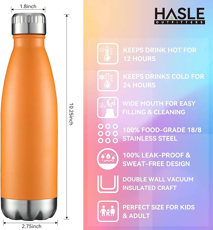 HASLE OUTFITTERS 17oz Stainless Steel Water Bottles, Vacuum Insulated Water Bottles Double Walled Powder Coated Reusable Metal Sports Water Bottles Keep Drinks Hot and Cold, Orange, 1Pack
