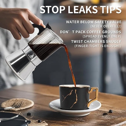 Stovetop Espresso Maker, 6Cup 240ml Moka Pot, Crystal Glass-top & Stainless Steel Coffee Maker Mocha Pot, Greca De Cafe, Cuban and Italian Coffee Maker for Cafetera Cubana