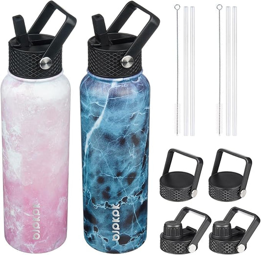 BJPKPK 2 Pack Insulated Water Bottles with Straw Lids, 40oz Stainless Steel Metal Water Bottle with 6 Lids, Leak Proof BPA Free Jugs, Cups, Flasks for Travel, Sports (Blossom+Ocean)