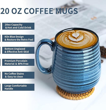 20 oz Stoneware Coffee Mugs, Large Ceramic Coffee Cups Set of 2 for Tea Soup Cereal Cocoa, Pottery Mugs for Office and Home, Unique Latte Cups for Men/Women Gift, Blue