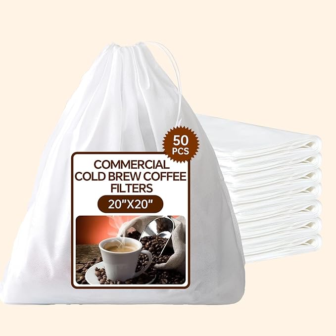 50 Pcs Commercial Cold Brew Coffee Filters,20" x 20" Commercial Cold Brew Bags For Commercial Model Cold Brew Coffee Makers and 5-Gallon Commercial Systems,with Drawstring,Brew Up To 5 LBS Coffee