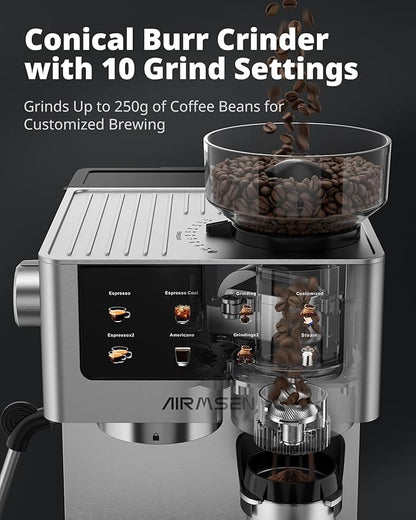 AIRMSEN Espresso Machines with Burr Grinder, 20 Bar, Milk Frother Steam Wand, Stainless Steel Coffee Maker for Home - Cappuccino Latte & Cold Brew Iced Coffee Maker & Americano