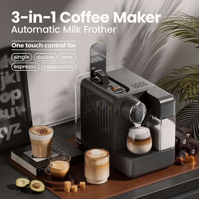 Espresso Machine with Integrated Automatic Milk Frother - Single-Serve Coffee Maker Capsule Compatible, One Touch Latte & Cappuccino, Single or Double Shot Espresso Maker