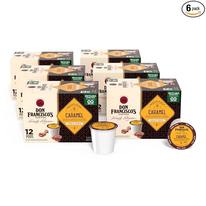 Don Francisco's Caramel Flavored Coffee - 72 K-Cup Compatible Single-Serve Pods - 100% Arabica - Rich Buttery Flavor with Sweet Finish - Compatible with Keurig Brewers