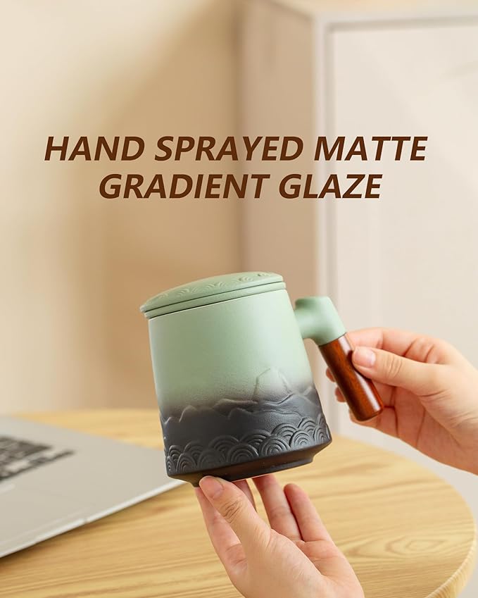 ZENS Tea Mug with Infuser and Lid for Loose Leaf Tea Steeper, 16.9 oz Embossed Ceramic Tea Cup with Fine Strainersand Wood Handle, Diffusers Accessories for Tea Lovers Gifts