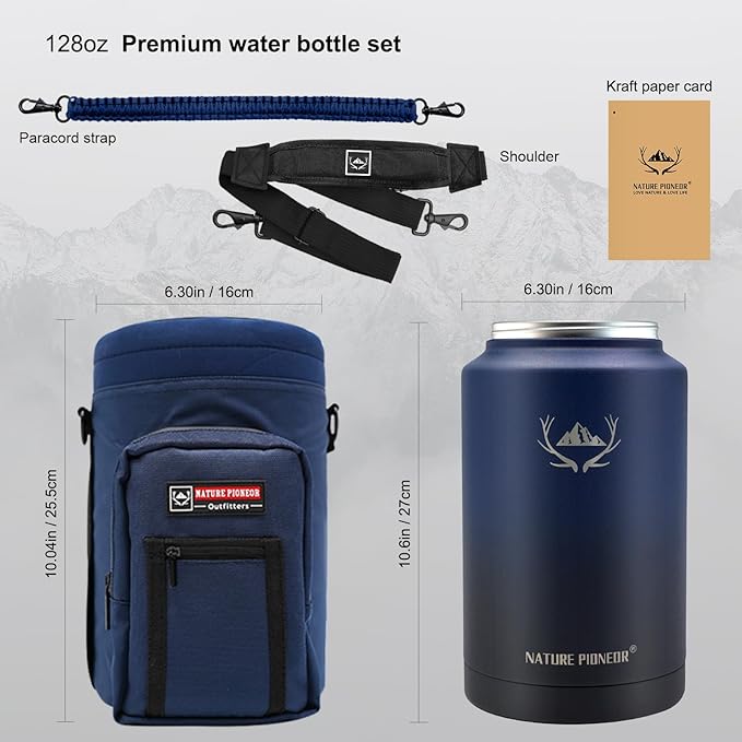 NATURE PIONEOR One Gallon Water Bottle Insulated - Large Double Vacuum Stainless Steel 128 oz Water Bottle with Holder/Carrier, 1 Gallon Water Jug,128oz, Wide Mouth
