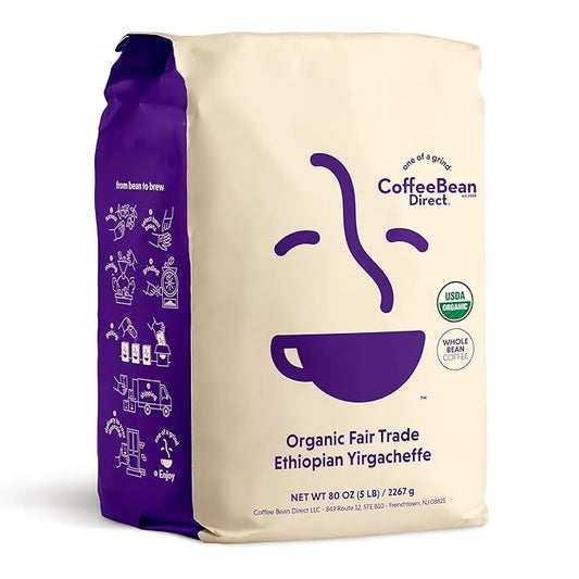Coffee Bean Direct Organic Fair Trade Ethiopian Yirgacheffe, Whole Bean Coffee, Light Roast, 5 Pound Bag (Pack of 1)
