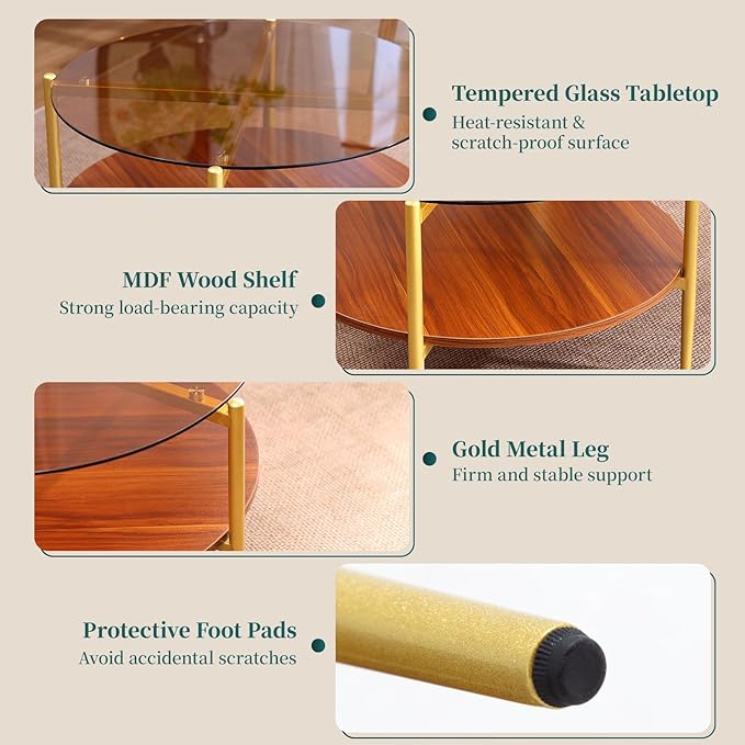 Round Glass Coffee Tables, Mid Century Center Table with Brown Glass Top, Solid Brown Storage Shelf and Sturable Gold Legs for Small Space, Office, Department, Living Room