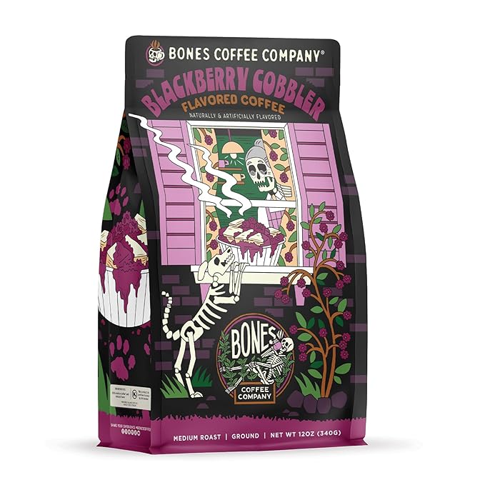 Bones Coffee Company Blackberry Cobbler Flavored Coffee Beans, Medium Roast Ground Coffee Low Acid, Blackberry Cobbler Flavor (12 oz)