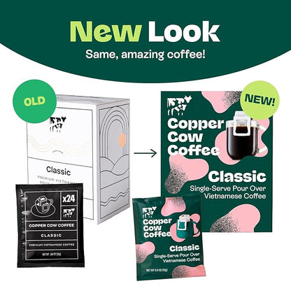 Copper Cow Coffee Pour Over Vietnamese Ground Coffee Pouches + Sweetened Condensed Milk Creamers (8 Coffees & 8 Milk Creamers) | Classic Black Lattes, No Refrigeration Needed
