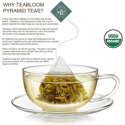 Teabloom - World's Finest Pyramid Tea Collection, 24 Varieties of USDA Certified Organic Teas - Black, Green, White, Oolong & Herbal Tea Blends