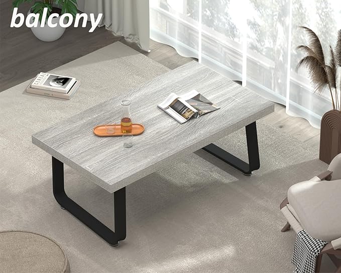 HSH Grey Small Coffee Table, Modern Minimalist Coffee Center Table, Rectangle Simple Wooden Living Room Table, Industrial Wood and Metal Tea Table for Home Bedroom Home Office, Light Grey Oak, 39 in