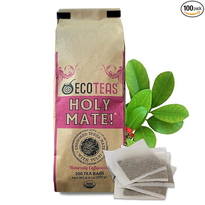 ECOTEAS Holy Mate! Organic Yerba Mate Tea Bags with Tulsi & Mint – Natural Energy, Detox Herbal Tea, Stress Support – Kosher, Non-GMO, Gluten-Free - 100 Bulk Bags, 8.8 oz (Pack of 1)