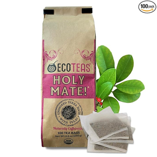 ECOTEAS Holy Mate! Organic Yerba Mate Tea Bags with Tulsi & Mint – Natural Energy, Detox Herbal Tea, Stress Support – Kosher, Non-GMO, Gluten-Free - 100 Bulk Bags, 8.8 oz (Pack of 1)