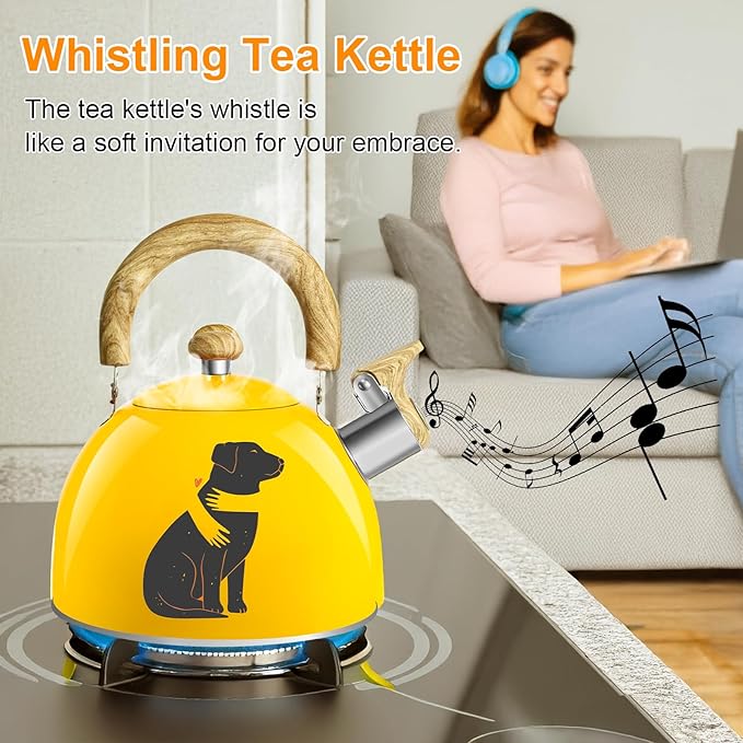 ARC Stainless Steel 2-Quart Whistling Yellow Tea Kettle with Magic Color Changing Design, Stovetop Teapot With Folding Cup & Trivet Mat