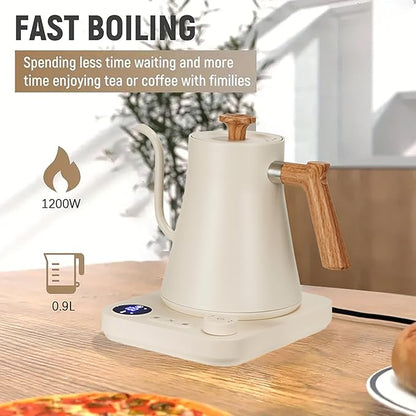 Gooseneck Electric Kettle,Electric Kettles, ±1℉ Temperature Control, Ultra-Quiet 304 Stainless Steel, for Coffee, Tea & Milk, Auto Boil Detection, 8 Safety Protections & Memory Function(white, 0.9L)