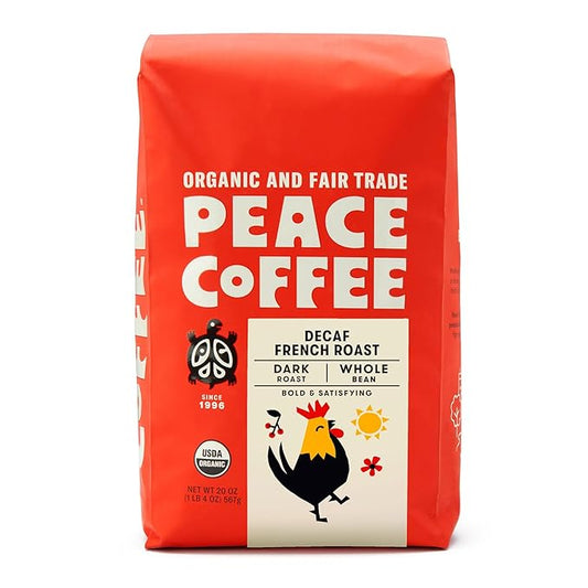 Peace Coffee Decaf French Roast | 20 oz Whole Bean Dark Roast | Organic Fair Trade | Rich, Bold Flavor | Shade Grown, Fresh Roasted