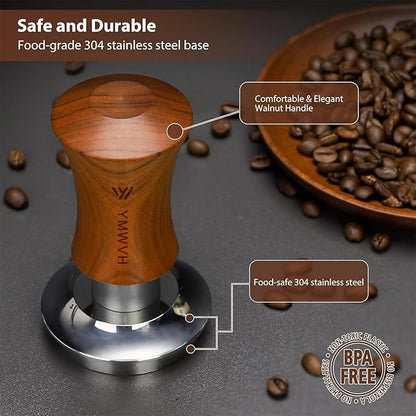 Espresso Tamper, 51MM 2 Spring-Loaded Calibrated Tamper with Stainless Steel Ripple Base, Walnut Wooden-Handle Tamper Compatible with Espresso Coffee Machine 51MM Diameter Portafilter