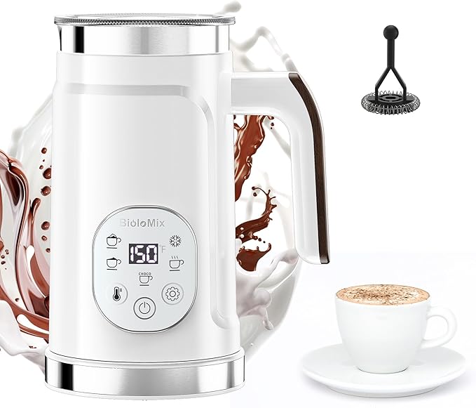 BioloMix Electric Milk Frother 4 in 1 Automatic Hot and Cold Milk Frother Warmer for Milk Latte Foam Maker Hot Chocolates Cappuccino (White)