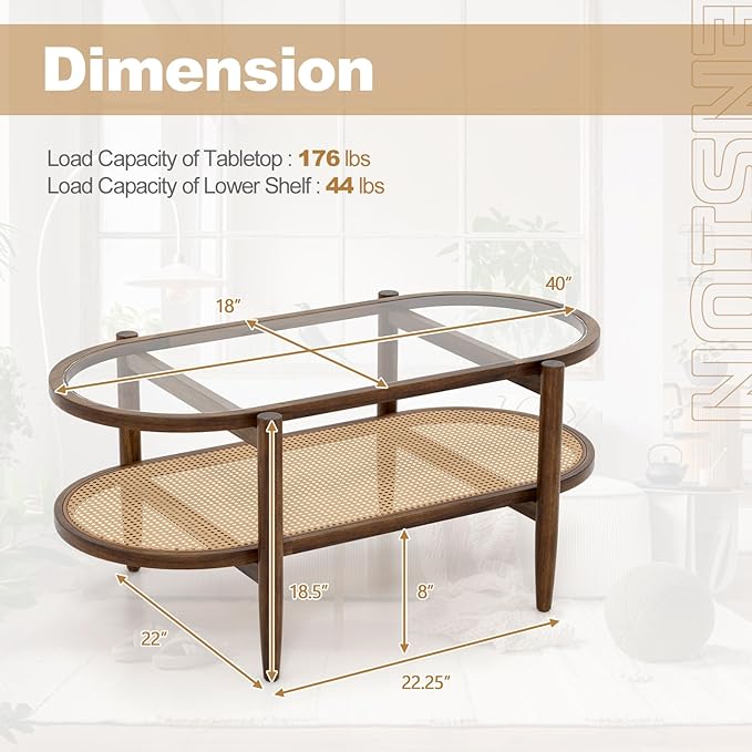 Giantex Rattan Coffee Table, 2-Tier Oval Acacia Wood Tea Table w/Tempered Glass Tabletop & PE Rattan Storage Shelf, Boho Cocktail Tables, Mid Century Modern Center Table for Living Room Office, Brown