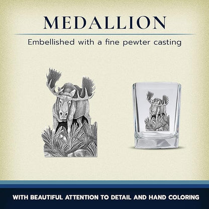 Heritage Pewter Moose Square Shot Glass | Hand-Sculpted 1.5 Ounce Shot Glass | Intricately Crafted Metal Pewter Inlay