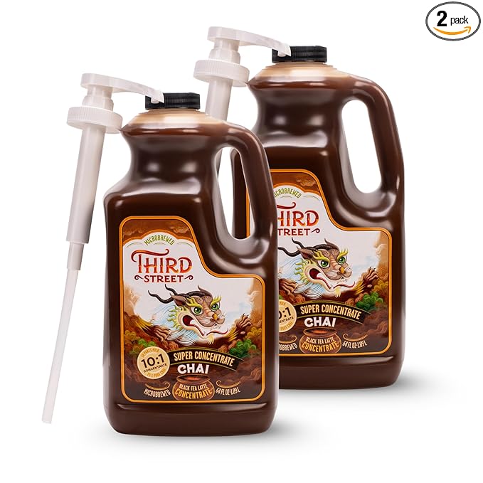 Third Street Inc. Super Concentrate Chai, 64 Fl. Oz., Black Tea Latte Concentrate, Strong and Balanced Tea Blend, Beverage Concentrate 10:1, Gluten Free, Kosher, Non-GMO