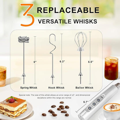 YUSWKO Rechargeable Milk Frother Handheld with 3 Heads, Silver Coffee Electric Whisk Drink Foam Mixer, Mini Hand Stirrer with 3 Speeds Adjustable for Latte, Cappuccino, Hot Chocolate, Egg
