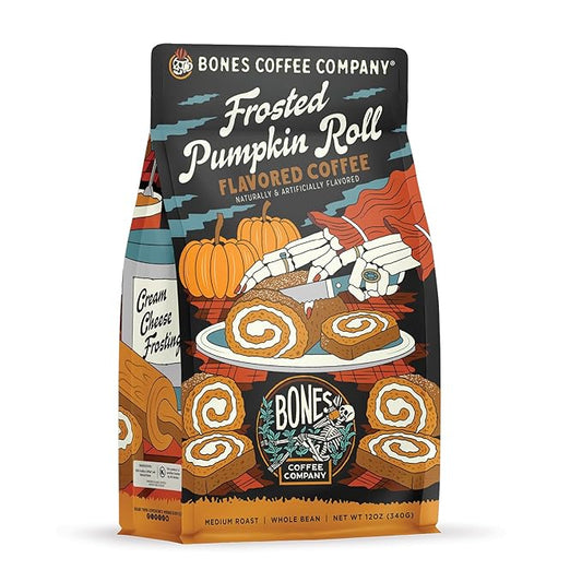 Bones Coffee Company Frosted Pumpkin Roll Flavored Coffee, Medium Roast Low Acid Arabica Beans Compatible with Auto drip and French Press Coffee Maker, 12 Oz Whole Bean