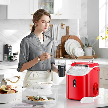 Nugget Ice Maker Countertop with Self-Cleaning Function, 35lbs/Day, Portable Ice Machine with Handle, One-Click Operation, Compact Design, Sonic Pellet Ice for Home(Red)