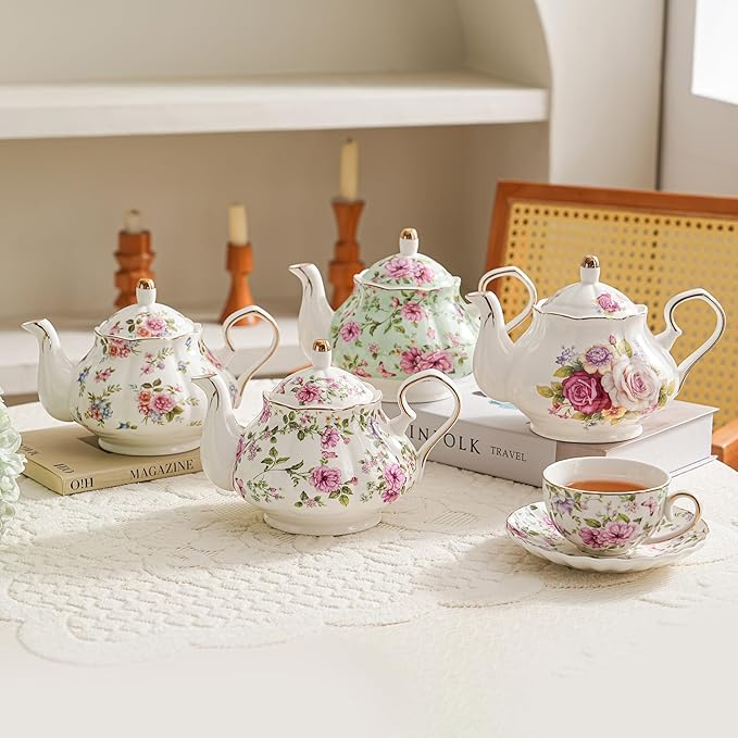 Flower Ceramic Teapot,22oz Porcelain Tea pot for Tea Coffee Milk for Office Home Men Women as Gift (White and big flowers)