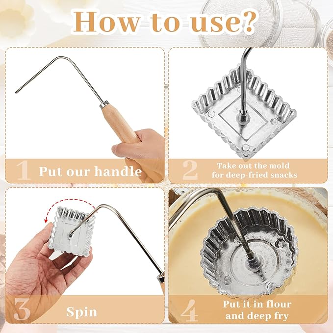 Tessco 12 Pcs Rosette Iron Molds, 6 Shape Achappam Bunuelos Mold with Handle Aluminium Iron Rosette Maker and Wooden Handles for Christmas Kitchen Baking Housewares Waffle Cookie Cooking