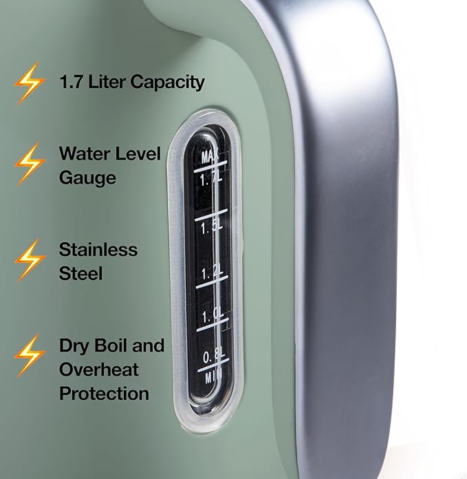Rae Dunn Electric Hot Water Kettle - Stainless Steel Coffee Maker, Tea Kettle, Swivel Base, With Automatic Shut Off Boil-Dry Protection, Easy Pour Pitcher, 1500 Watt Boiling Power, 1.7 Liters (Sage)
