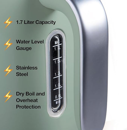 Rae Dunn Electric Hot Water Kettle - Stainless Steel Coffee Maker, Tea Kettle, Swivel Base, With Automatic Shut Off Boil-Dry Protection, Easy Pour Pitcher, 1500 Watt Boiling Power, 1.7 Liters (Sage)