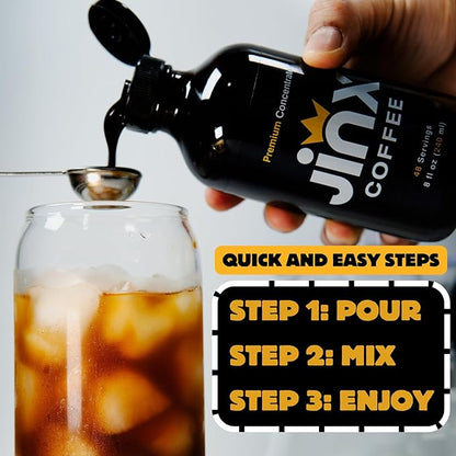 Jinx Coffee Concentrate – 50x Stronger Cold Brew Coffee | Strong Caffeine Concentrated Liquid, Perfect for Instant Hot or Iced Coffees, Cold Brew Concentrate, Hot Drinks, and Instant Espresso | 48 Servings of Premium Concentrated Coffee